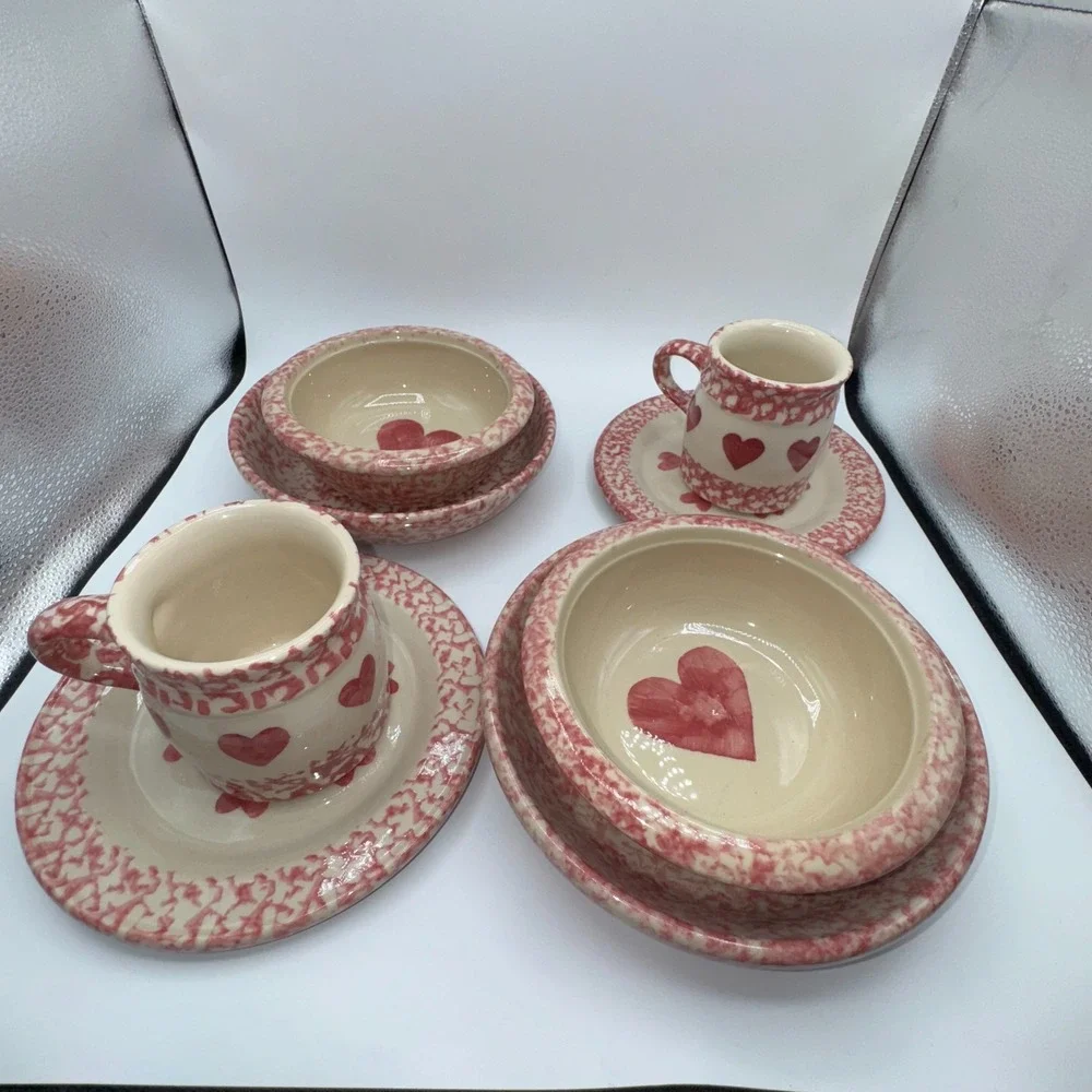 FP Friendship Pottery Roseville USA Plates Bowls Mugs Pink Spongeware Heart‎ 8PC